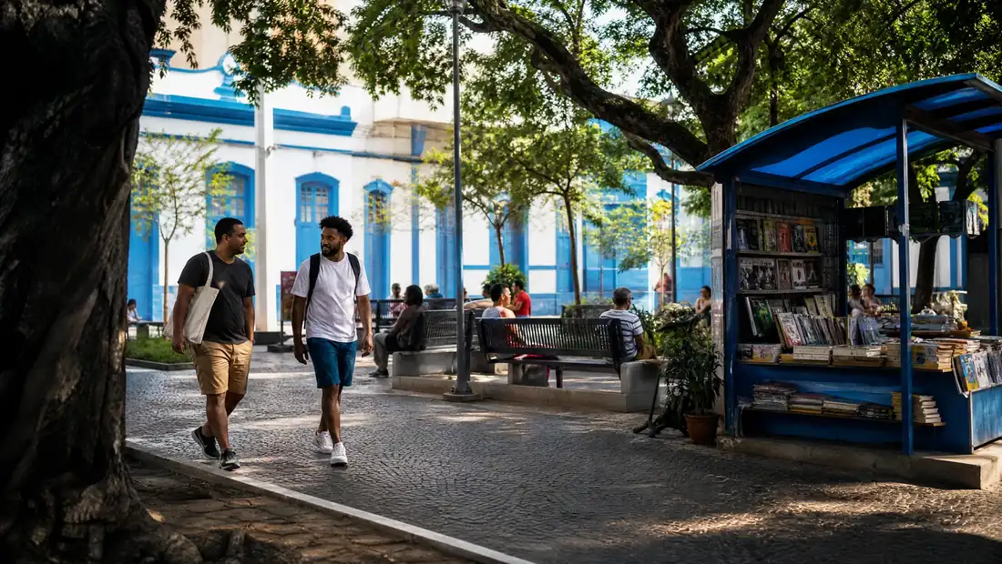 Cena editorial sobre lazer local acessível e deslocamentos a pé