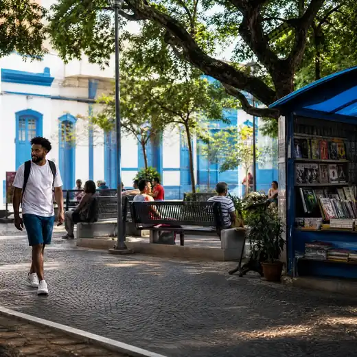 Cena editorial sobre lazer local acessível e deslocamentos a pé